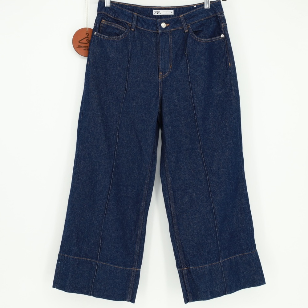 Zara High Rise Wide Leg Cropped Blue Wash Jeans Size 8 NWOT